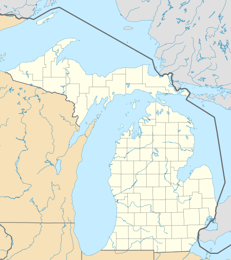 Map of Michigan with National Historic Landmarks named and marked by a dot