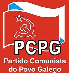 Logo of the Communist Party of the Galician People depicting a white hammer, sickle, and star on a red flag with a white and blue flag behind it. underneath the flags are the words "Partido Communista do Povo Galego" underneath and the abriviation "