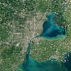 A satellite image of Metro Detroit, with Windsor across the river, taken on ESA's Sentinel-2 satellite in September 2021.