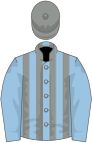 Light blue, grey stripes on body, grey cap