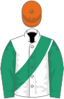 White, emerald green sash and sleeves, orange cap