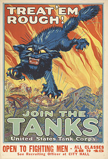 World War I-era poster shows a black cat with outstretched claws soaring over the tanks below. Poster urges Americans to join the United States Tank Corps. Artist: August William Hutaf, ca. 1917–1919.