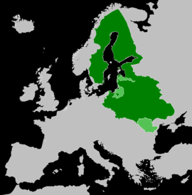 Map of the Polish–Swedish union (dark green) with vassal states (light green) at its greatest territorial extent in 1596.