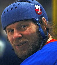 Butch Goring in an Islanders helmet.