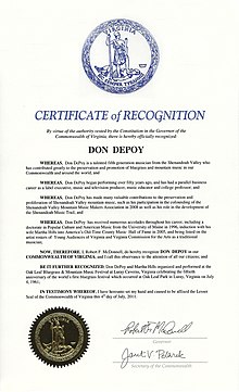 Certificate of Recognition Governor of the Commonwealth of Virginia Donald DePoy July 4, 2011
