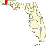 A state map highlighting Okaloosa County in the northwestern part of the state. It is medium in size and shaped like a narrow rectangle.