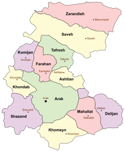 Location of Mahallat County in Markazi province (bottom right, pink)