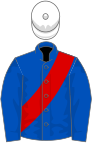 Royal blue, red sash, white cap