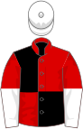 Red and black (quartered), red and white halved sleeves, white cap