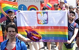 Częstochowa Pride-Parade with Rainbow version of the Polish flag