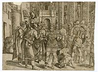The Unity of the State: Roman ruler in richly decorated armour, with pomegranate in his hand, standing surrounded by people. c.1543 Etching after Rosso Fiorentino