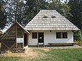 Traditional Romanian house from Vicovu de Jos at the Bukovina Village Museum in Suceava (also with eyes on its roof)