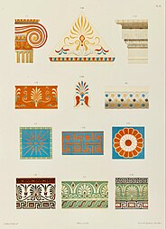 19th century illustration of multiple polychrome elements of Ancient Greek architecture, including a guilloche on the right, by Jacques Ignace Hittorff