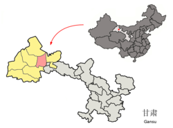 Location of Yumen City (pink) within Jiuquan City (yellow) and Gansu