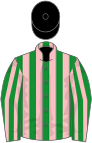 Green and pink stripes, black velvet cap