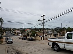 An image looking southward on 40th Street, Naval Base San Diego in the distance