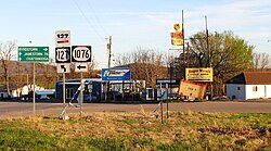 The intersection of U.S. Route 127, Kentucky Route 1076 and Tennessee State Route 111 in Static, as seen from the Kentucky side prior to 2011