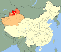 Tacheng prefecture (red) in Ili prefecture (light red) and Xinjiang (orange)