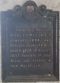 Historical marker marking the original tomb of Francisco Mercado and Teodora Alonso at the Manila North Cemetery