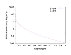 Figure 4: Diffuse reflectance vs. radius from incident pencil beam for an anisotropic (blue) and isotropic (red) medium.