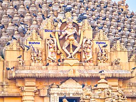 Brahma-Shiva-Vishnu above mukhamandapa
