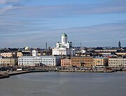 Helsinki Cathedral behind the Helsinki City Hall and Swedish Embassy, viewed from the South Harbor.