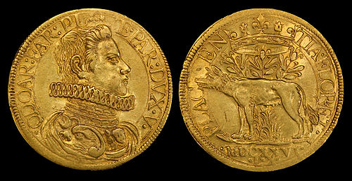 Obverse and reverse of a 1626 Duchy of Parma two-doppie gold coin