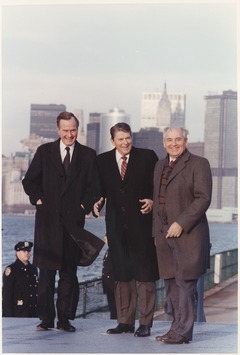 President Ronald Reagan and President-elect George H. W. Bush meet with Soviet leader Mikhail Gorbachev on Governors Island in December 1988