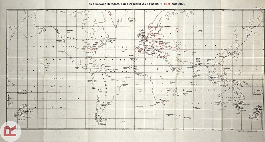 A line map of the world, with dates in red (1889) and blue (1890) indicating when the pandemic arrived in various cities.