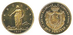100 peseta gold coin with the allegory of Hispania standing.