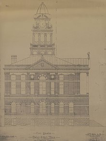 An architectural rendering for the Eaton County Courthouse, designed by David W. Gibbs and Company in the 1880s. The drawing shows an exterior elevation of the side of the courthouse.