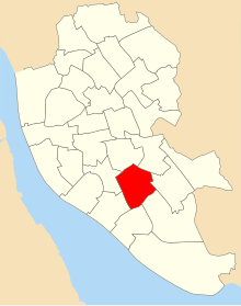 A map of the city of Liverpool showing 2004 council ward boundaries. Church ward is highlighted