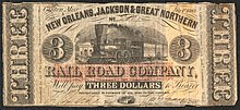 Currency note that says three on each side. On the tope it reads New Orleans, Jackson & Great Northern above an illustration of a train and the words "Railroad Company."