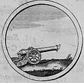 Emblem Cannon with a quadrant with the motto in Latin: Non solum Armis, lit. 'Not only with weapons' from the book Symbola et Emblemata, 1705: 193