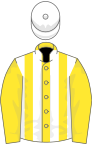 Yellow and white stripes, yellow sleeves, white cap