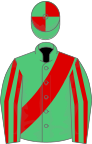 Emerald green, red sash, striped sleeves, quartered cap