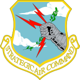 The shield of Strategic Air Command shows a mailed hand holding an olive branch and thunderbolts