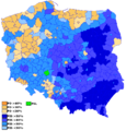 Law and Justice's main support (dark blue) is concentrated in the south-east of the country (former Russian Partition and Austrian Partition), results of the 2015 Polish parliamentary election