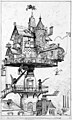 Image 2 Scientific romance Artist: Albert Robida A typical 20th-century aerial rotating house, as drawn by Albert Robida. The drawing shows a dwelling structure in the scientific romance style elevated above rooftops and designed to revolve and adjust in various directions. An occupant in the lower right points to an airship with a fish-shaped balloon in the sky, while a woman rides a bucket elevator on the left. Meanwhile, children fly a kite from the balcony as a dog watches from its rooftop doghouse. More selected pictures