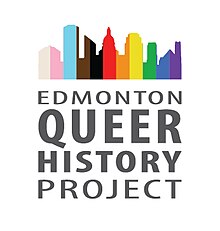 Artwork of the Edmonton skyline is filled with Pride flag colors. Text below reads Edmonton Queer History Project.
