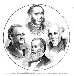 An illustration of "The founders of the Adelaide University" from an 1875 engraving.