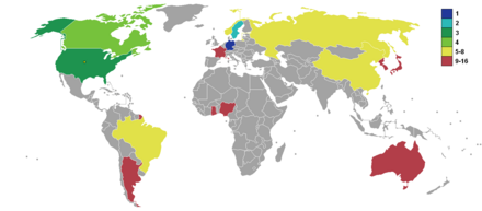 A world map showing countries who participated in the Women's World Cup, colored based on their placement in the tournament