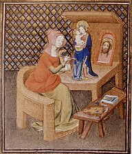 Irene, daughter of Cratin, painting a sculpture of the Virgin Mary, France, 1401-1402. Detail from Giovanni Bocaccio's De Claris mulieribus (Concerning famous women), 1403 edition, Bibliothèque nationale de France, Paris