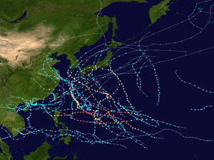 A map of the tracks of all the storms of the 2018 Pacific typhoon season.