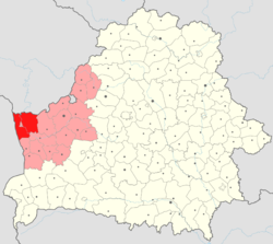 Location of Hrodna district (dark red) in the Hrodna Region (light red) of Belarus.