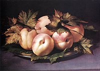 Giovanni Ambrogio Figino, Metal Plate with Peaches and Vine Leaves (1591–94), panel, 21 × 30 cm, his only known still life