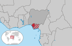 Location of the Republic of Benin in red, with Biafra in striped red and Nigeria in dark gray.