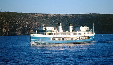 In Public Transport Commission colours passing Dobroyd Head en route to Circular Quay, 1980