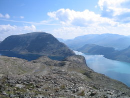Besseggen seen towards east, with Bessvatnet on the left and Gjende on the right.