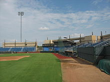A The seats, press box and third base line of Clay Gould Ballpark